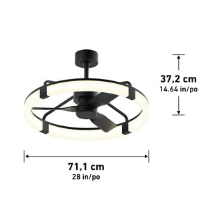 The Artika Sunnyvale 28 in. LED modern ceiling fan features a circular LED light ring, three blades, remote control operation, short downrod mount, and measures 71.1 cm wide by 37.2 cm tall.