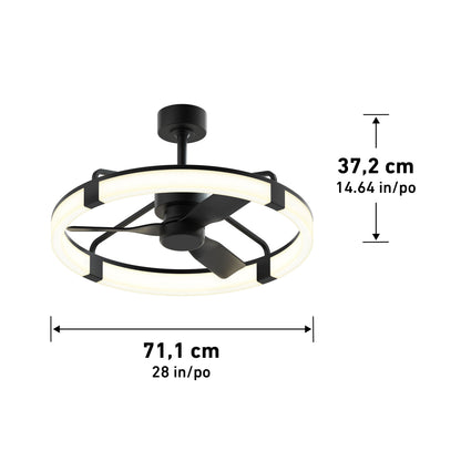 The Artika Sunnyvale 28 in. LED modern ceiling fan features a circular LED light ring, three blades, remote control operation, short downrod mount, and measures 71.1 cm wide by 37.2 cm tall.