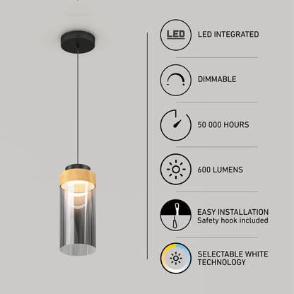 The Artika Hanson 1-light LED pendant features a wood and glass design, hangs from the ceiling, and offers dimmable, selectable white (5 CCT) lighting, 600 lumens output, 50,000-hour lifespan, and easy installation.