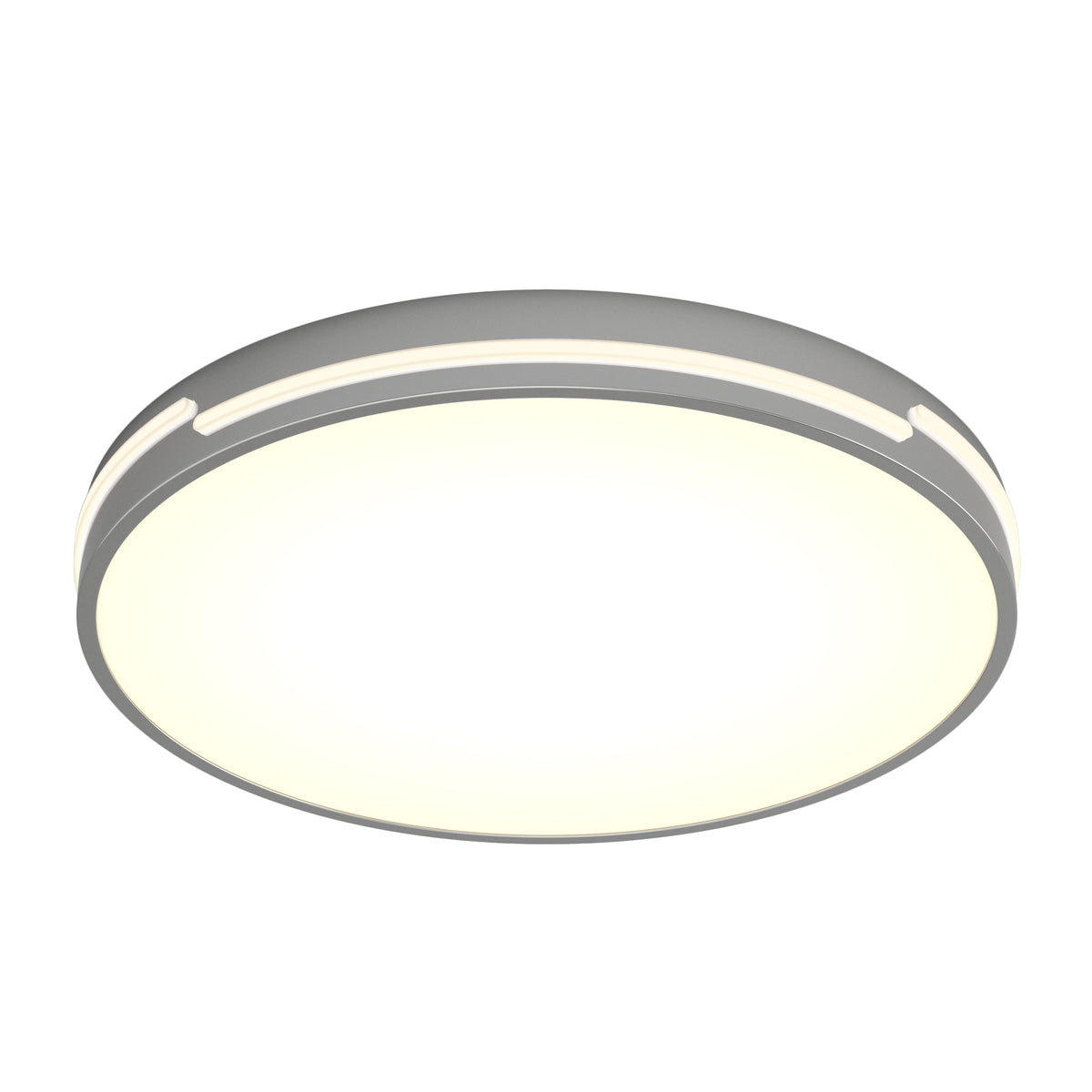 A modern, round, flush-mount LED ceiling light with a white diffuser and a slim, gray rim featuring small cut-out accents.