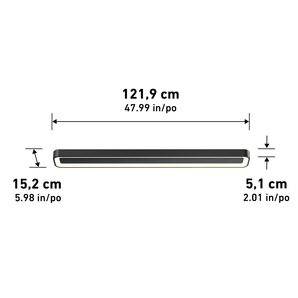 A rectangular black and white light fixture is shown with dimensions: 121.9 cm (47.99 in) long, 15.2 cm (5.98 in) wide, and 5.1 cm (2.01 in) tall.