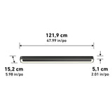 A rectangular black and white light fixture is shown with dimensions: 121.9 cm (47.99 in) long, 15.2 cm (5.98 in) wide, and 5.1 cm (2.01 in) tall.