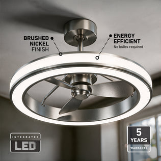 Artika Edwin 25 in. LED modern fandelier ceiling fan with a brushed finish, integrated ring light, feature overlays, and a five-year warranty.
