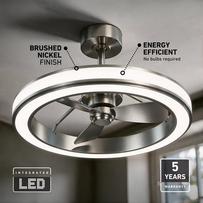 Artika Edwin 25 in. LED modern fandelier ceiling fan with a brushed finish, integrated ring light, feature overlays, and a five-year warranty.