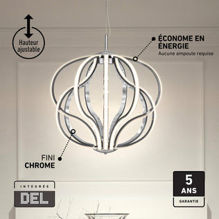 Meridian LED pendant light in chrome with curved strips, adjustable height, energy efficiency, a sleek finish, and a five-year warranty.