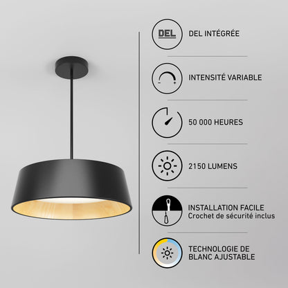 Artika Alton modern LED pendant, black with wood interior, dimmable, 2150 lumens, easy install, 5 CCT adjustable color.