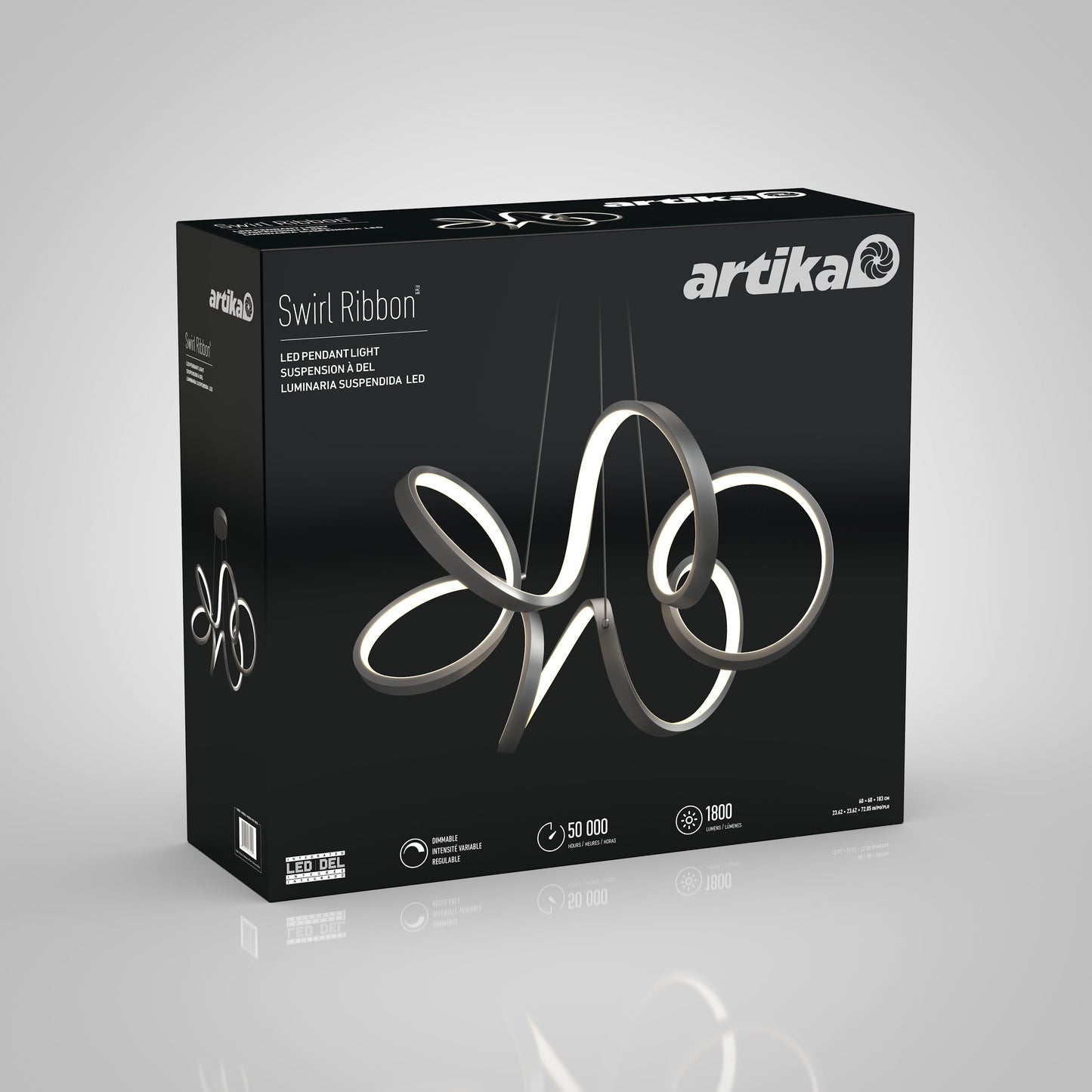 A black box branded Artika-CAN-dev displays the Swirl Ribbon LED pendant light. The box features an image of the modern fixture with integrated LEDs and icons showcasing its specifications.