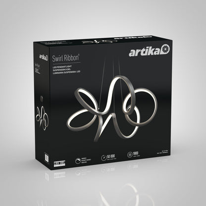A black box branded Artika-CAN-dev displays the Swirl Ribbon LED pendant light. The box features an image of the modern fixture with integrated LEDs and icons showcasing its specifications.