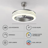 Modern ceiling fan with built-in LED light. Infographic highlights features: LED integrated, 50,000-hour lifespan, dimmable, tunable white technology, 2,000 lumens brightness, and dual airflow.
