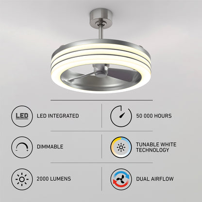 The Artika Horizon 23 in. LED modern ceiling fan features 3 speeds, remote control, dimmable LED with tunable white tech, 2000 lumens brightness, dual airflow modes, and a long-lasting 50,000-hour lifespan.