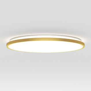 The Artika Europa 21 in. LED modern flush mount light features a round design with a gold-colored rim and white illuminated center, and comes with a remote for easy control—ideal for mounting on any plain white ceiling.