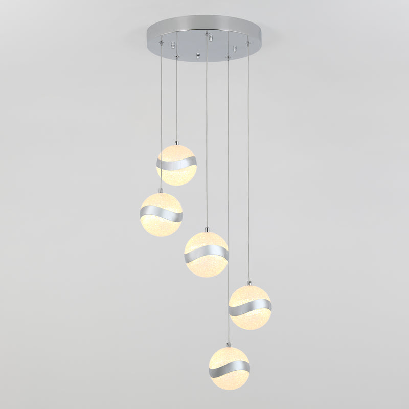 The Artika Wavey 5-light LED pendant features five frosted glass globes with silver bands, suspended at varied heights from a round, silver base for a striking modern look.