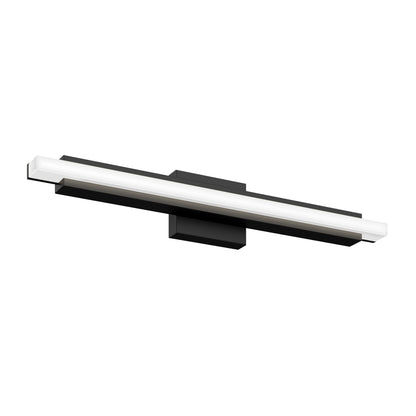 The Artika Ophelia modern LED bathroom vanity light features a sleek black wall-mounted design with a long horizontal rectangular shape and a central white illuminated strip.