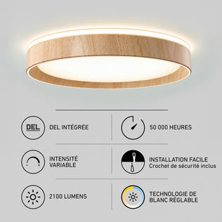 Callisto 15 in. (38 cm) Modern LED Flush Mount Ceiling Light 5 CCT: round, wood-look, 2100 lumens, dimmable, 50,000-hour life, easy installation.