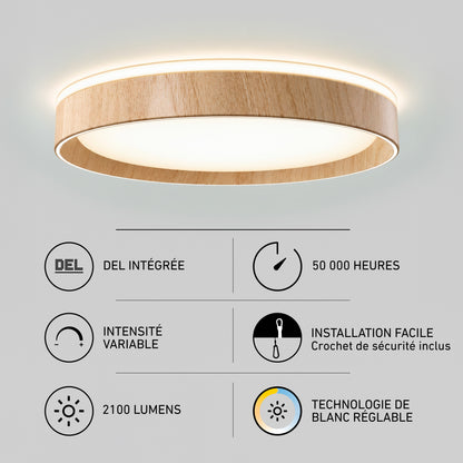 Callisto 15 in. (38 cm) Modern LED Flush Mount Ceiling Light 5 CCT: round, wood-look, 2100 lumens, dimmable, 50,000-hour life, easy installation.