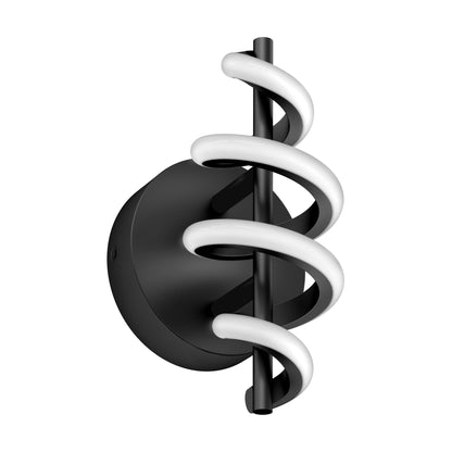 The Artika Chorus LED Wall Light features a black circular base, a vertical black rod, and a white spiral-shaped LED wrapped around it for a modern look.