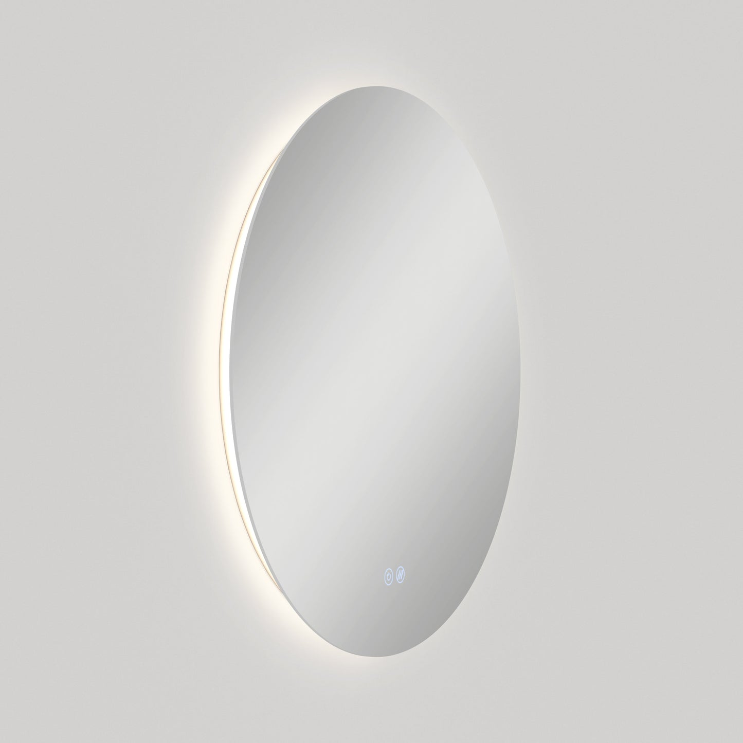 The Artika-CAN-dev Raya 24 in. LED mirror features 3 CCT settings, a defogger, a round wall-mounted design with soft backlight, and two touch icons near the bottom, shown against a plain light gray background.