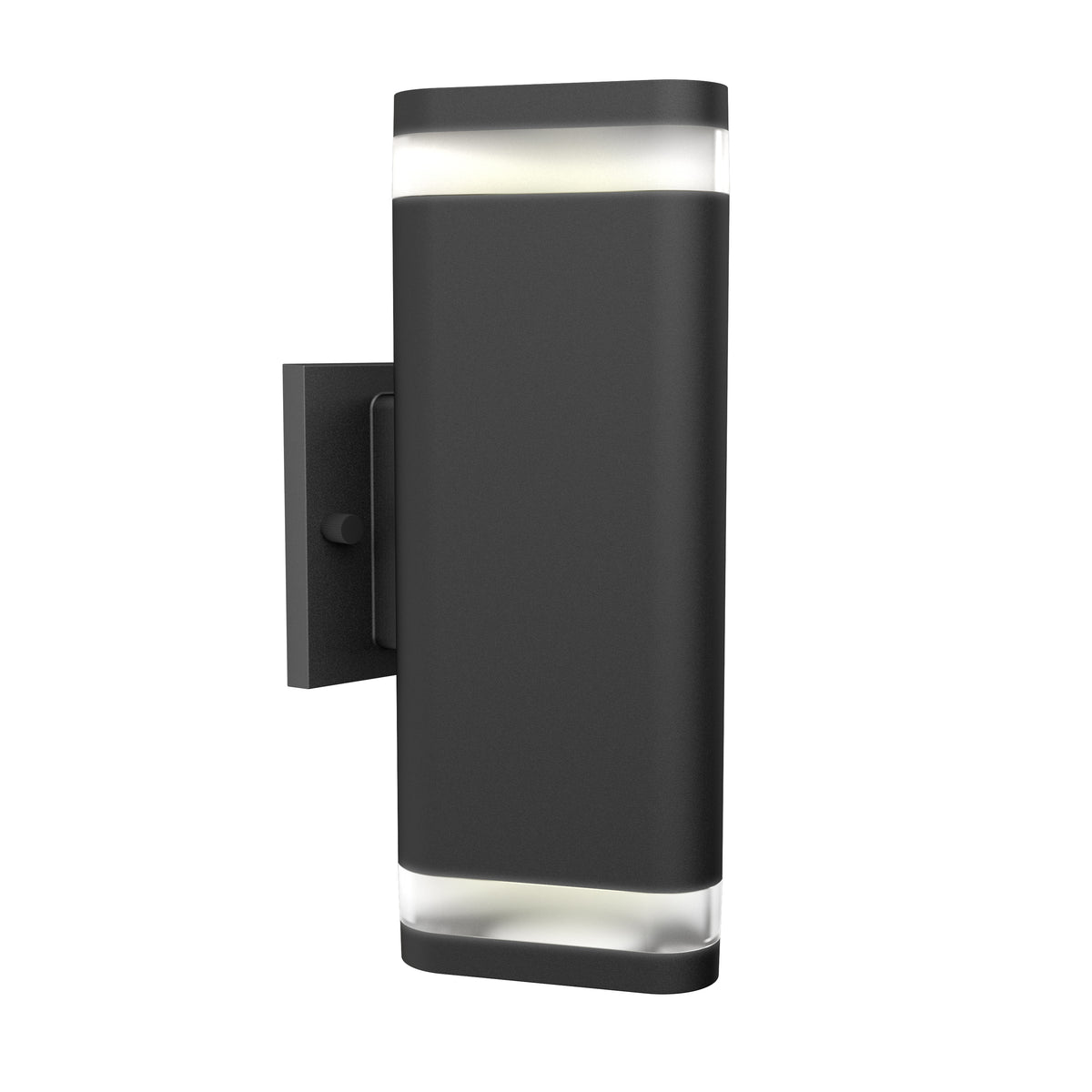 The Artika Trygon indoor-outdoor wall light features a modern rectangular black design with frosted top and bottom panels for diffused light and a side mounting plate.