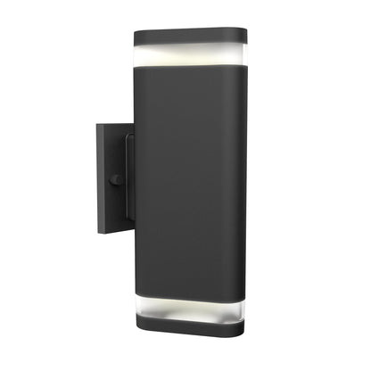 The Artika Trygon indoor-outdoor wall light features a modern rectangular black design with frosted top and bottom panels for diffused light and a side mounting plate.