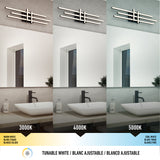 Three side-by-side bathroom images show lighting at 3000K (warm white), 4000K (neutral white), and 5000K (cool white) above a mirror, with a sink and soap dispenser below. Tunable white is labeled at the bottom.