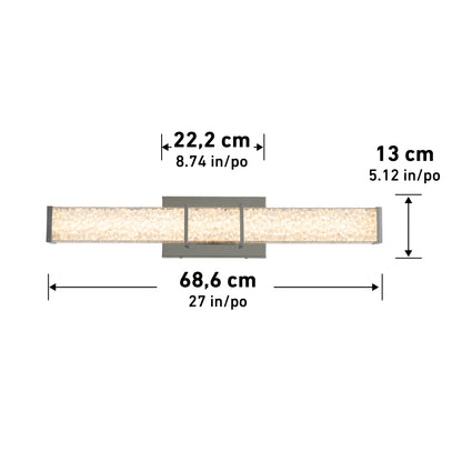 The Artika Royale LED bathroom vanity light is a horizontal wall fixture with a textured panel, measuring 68.6 cm (27 in) wide, 13 cm (5.12 in) high, and has a central section length of 22.2 cm (8.74 in).