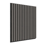 A rectangular acoustic wall panel featuring evenly spaced vertical wooden slats in gray, mounted on a black backing, shown from a side angle.