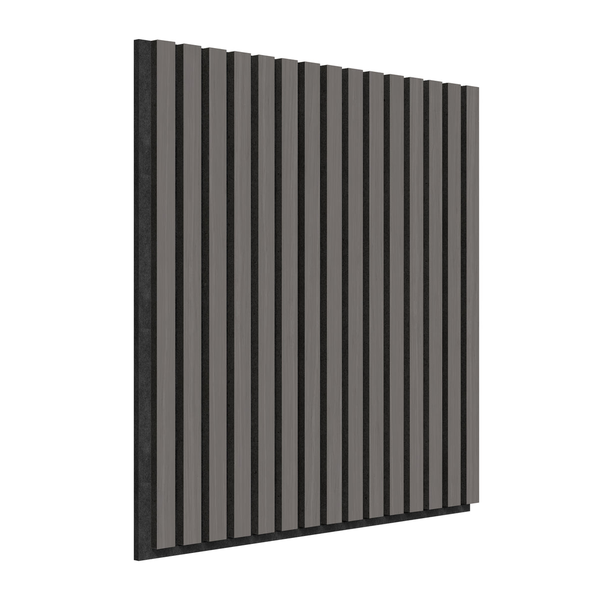 The Artika Sonolok 15.5 ft sound-absorbing wall panel kit (4-pack) features square panels with evenly spaced vertical gray slats on a black background, highlighting their depth and texture when viewed from an angle.
