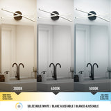 A modern bathroom vanity light is shown in three panels, each with different color temperatures: warm white (3000K), neutral white (4000K), and cool white (5000K). The background changes to match each light tone.