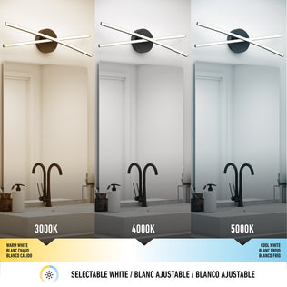 Split image of a bathroom with the Artika Orly modern LED bathroom vanity light 3 CCT above the mirror, displaying modern decor and three color temperatures—3000K, 4000K, and 5000K—to highlight versatile mirror lighting options.