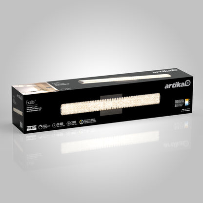 A black rectangular box displays a photo and illustration of the Artika Exalto LED bathroom vanity light, a modern crystal-style fixture featuring 1900 lumens, 50,000-hour lifespan, and adjustable color temperature.