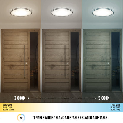The Athos 21 in. LED flush mount light by Artika, shown under warm white (3000K), neutral, and cool white (5000K) settings, demonstrates the tunable white lighting effect using its included remote.