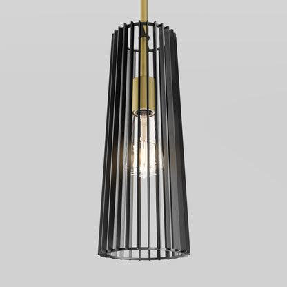 The Artika Gatsby Mini modern mid-century pendant light features a cylindrical black metal cage around an exposed bulb, suspended from a gold rod against a plain gray background.