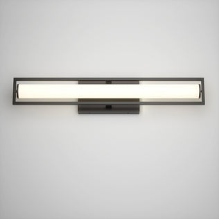 The Artika Rialto modern LED bathroom vanity light features a long, horizontal frosted glass shade and dark metal frame, offering dimmable 3 CCT lighting that emits a soft, even glow against a plain white wall.