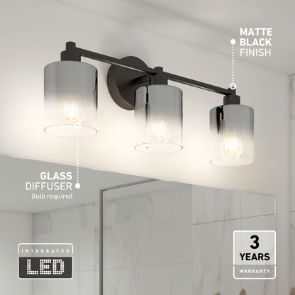 The Artika Haze modern 3-light bathroom vanity light features integrated LED, three glass diffusers, a matte black finish, and a 3-year warranty. Designed for installation above a mirror.