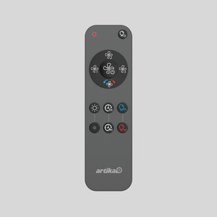 The Artika Replacement Remote Control for Sunnyvale Ceiling Fans is gray, featuring buttons for speed, timer, light, airflow modes, a red indicator light at the top, and central fan symbols—perfect as a replacement remote.