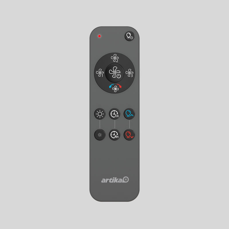 The Artika Replacement Remote Control for Sunnyvale Ceiling Fans is gray, featuring buttons for speed, timer, light, airflow modes, a red indicator light at the top, and central fan symbols—perfect as a replacement remote.