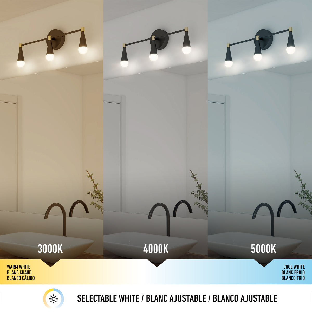 A bathroom light fixture above a mirror displays three lighting tones: warm white (3000K), neutral white (4000K), and cool white (5000K). Each tone illuminates the sink area differently. Text in English, French, and Spanish.