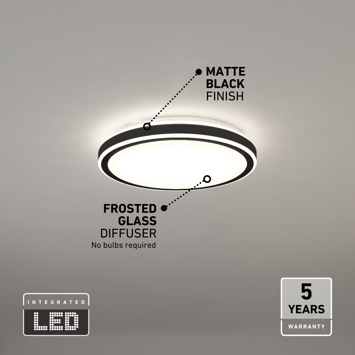 A round ceiling light with a matte black finish and frosted glass diffuser is shown mounted on the ceiling. Icons indicate it features integrated LED lighting and offers a 5-year warranty.