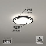 A round ceiling light with a matte black finish and frosted glass diffuser is shown mounted on the ceiling. Icons indicate it features integrated LED lighting and offers a 5-year warranty.