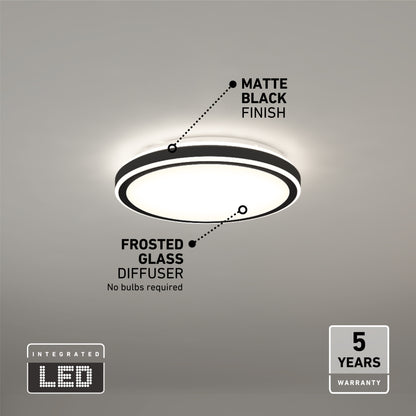 The Artika Altitude 15 in. LED modern flush mount light features a matte black finish, frosted glass diffuser, integrated LED (no bulbs needed), adjustable 5 CCT, and comes with a 5-year warranty for a soft, even glow.