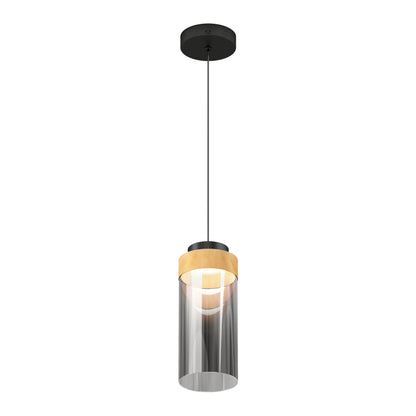 The Artika Hanson 1-light LED pendant features a black ceiling mount, slim black cord, and cylindrical glass shade with a wooden accent ring near the top.