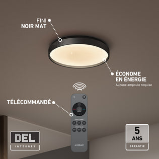 Artika Celestia 15 in. Modern LED Flush Mount Ceiling Light in black with a remote for adjusting dimming, color temperature, and night light modes.