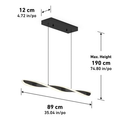 The Artika Finley Linear LED pendant light features a modern black and white twisted design, suspended by two cables from a rectangular ceiling mount. Dimensions: 12 cm (H) x 89 cm (W), max height 190 cm. Measurements in cm and inches.
