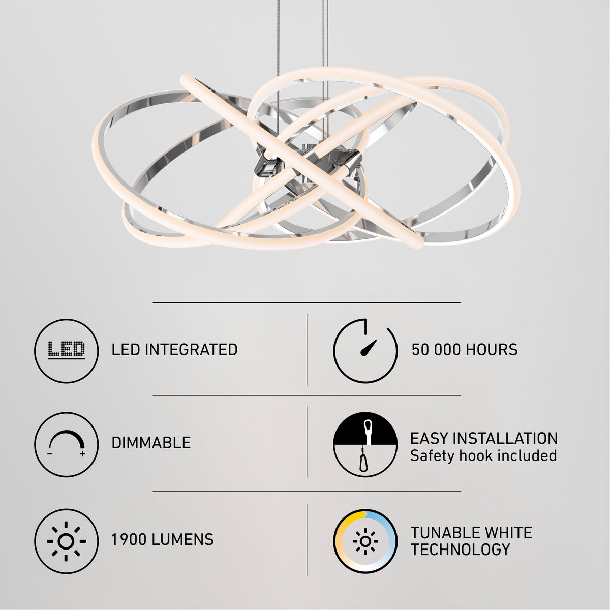 The Artika Maelstrom modern LED pendant light 5 CCT features interlocking rings, integrated LED, 1,900 lumens, 50,000-hour lifespan, dimmable settings, tunable white technology (5 CCT), and easy installation.