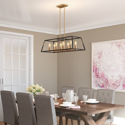 A modern dining room with a wooden table, six gray upholstered chairs, place settings, a vase of white flowers, and a large abstract pink and white painting features the Artika Carter Long 8-light Chandelier with exposed bulbs.