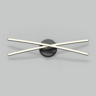 The Artika Orly 25-in (64 cm) Modern Integrated LED 3-CCT Vanity Light features two slim illuminated bars crossing on a round black base, ideal for enhancing modern bathroom decor against a light gray background.