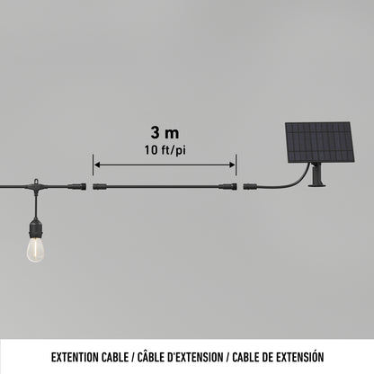 The Artika Blaze 20 LED Outdoor Solar String Lights are shown connected by a 3-meter (10 ft) extension cable to a solar panel on a plain gray background, with the extension cable labeled in English, French, and Spanish.