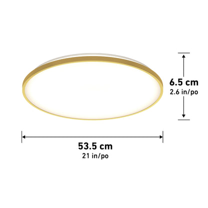 Round modern ceiling light with a gold trim; dimensions shown are 6.5 cm (2.6 in) in height and 53.5 cm (21 in) in diameter.