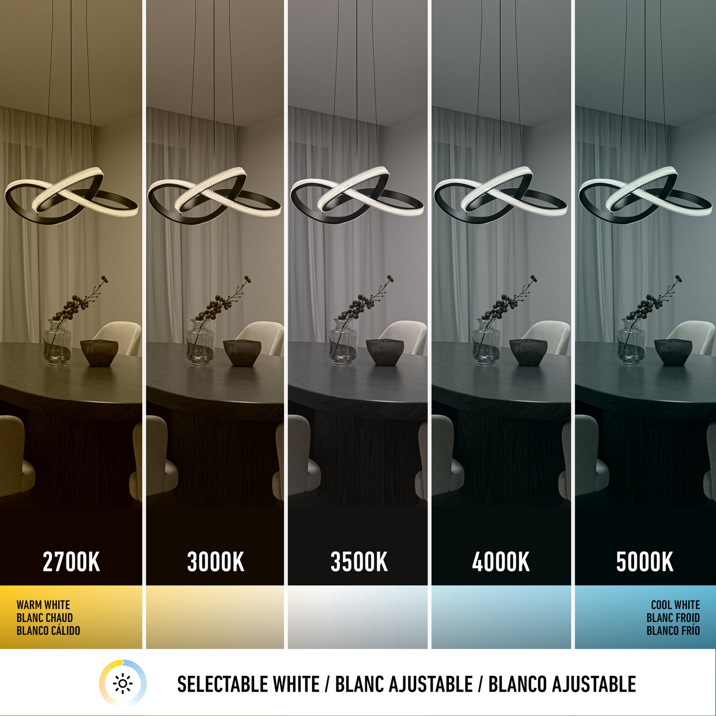 A modern dining room features the Artika Morgan LED contemporary pendant light 5 CCT, shown under five selectable white color temperatures from warm 2700K to cool 5000K. A comparison bar highlights each white light option.