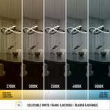 A modern dining room with a looped pendant light over a round table is shown in five lighting temperatures: 2700K (warm), 3000K, 3500K, 4000K, and 5000K (cool), illustrating selectable white lighting.